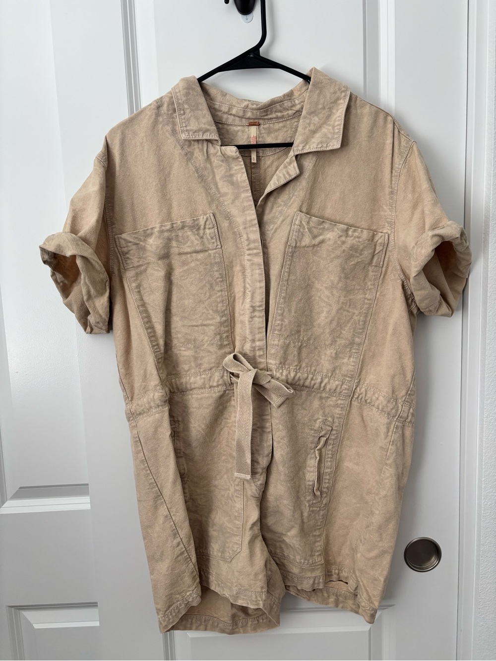 Free People Tan Short-Sleeve Utility Romper with Waist Tie